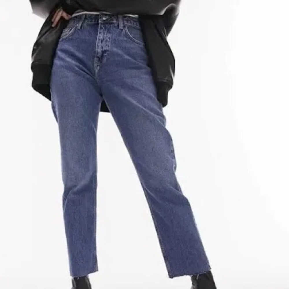 Topshop Women SZ 28 x 30 Blue Dark Wash Denim Raw Hem Straight Leg Jeans